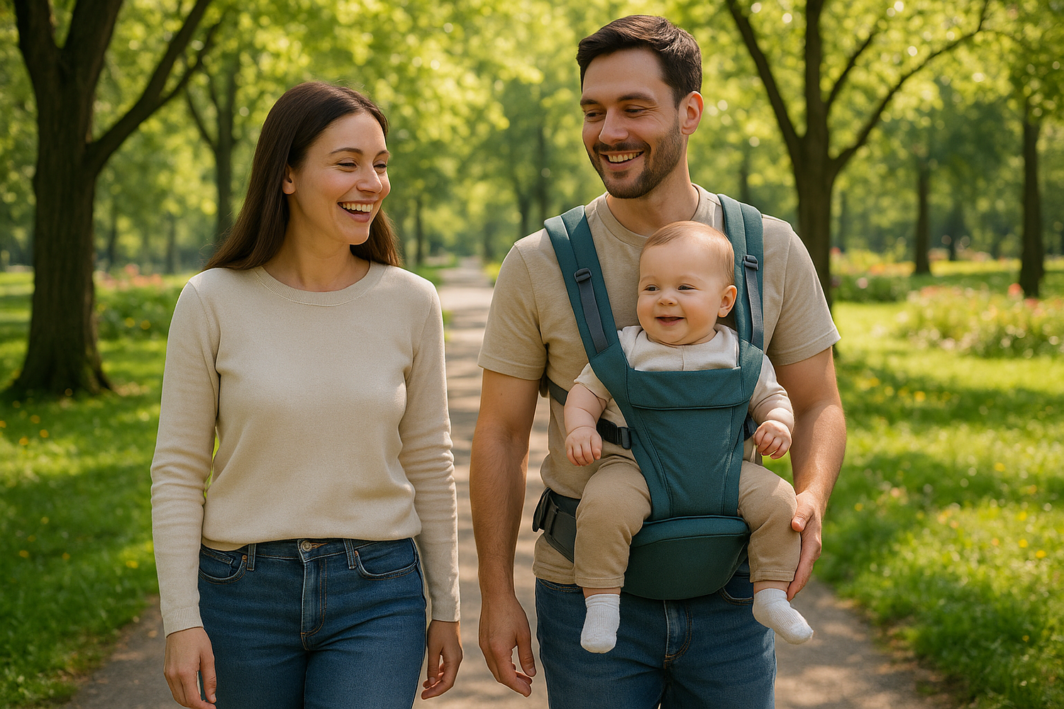 Eine glückliche Familie (Mutter, Vater und Baby), Baby ist einer Trage bei dem Papa und die Trage hat einen Hüftsitz für das Baby - Alle drei sind im Park spazieren