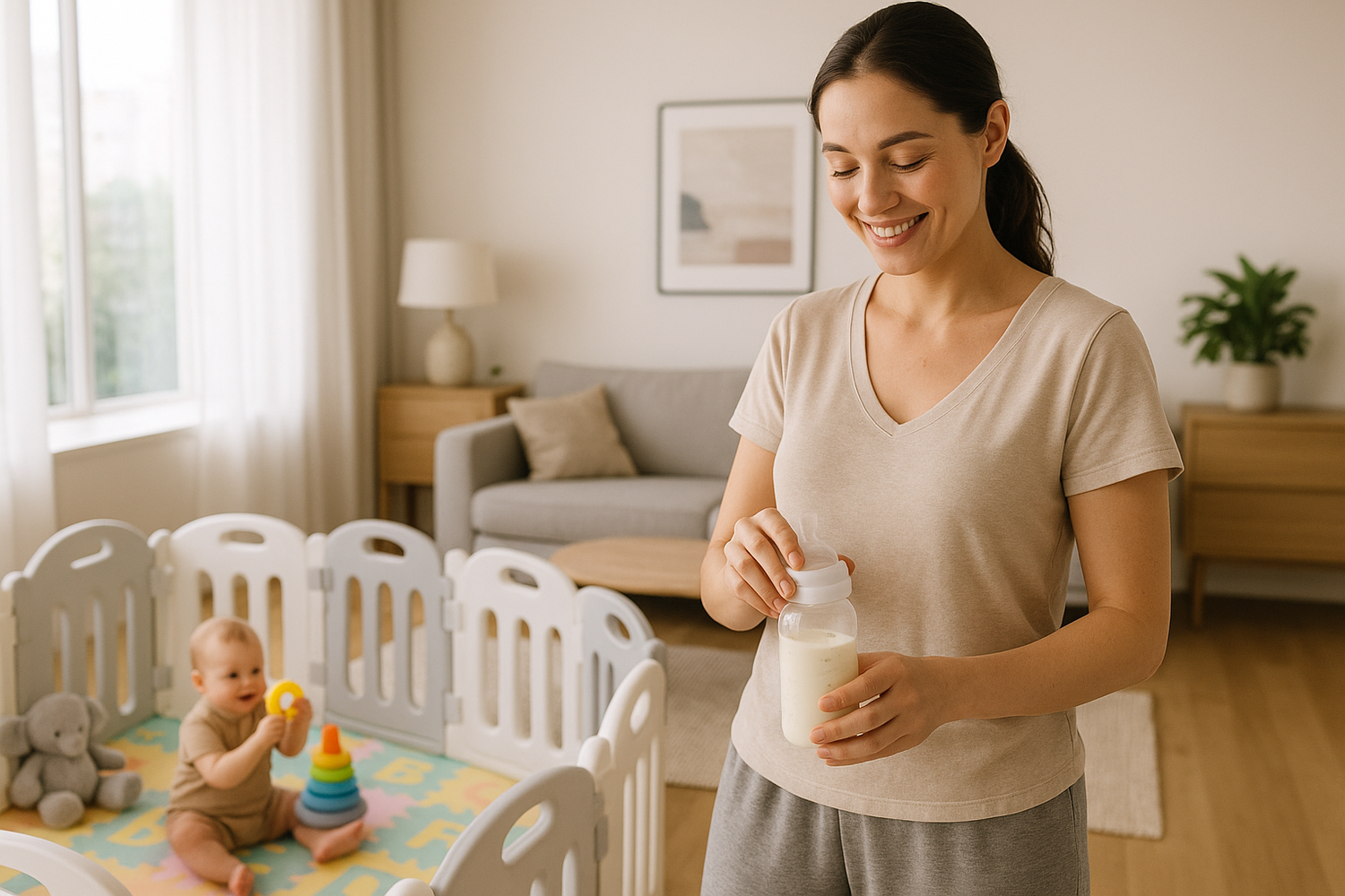 Eine Mutter in ihren Alltag völlig stressfrei - Ihr Baby spielt in ihrer Spieleecke völlig sicher, während sind eine Babyflasche mit Milch zubereitet - Kulisse ist in einem modernen Wohnzimmer