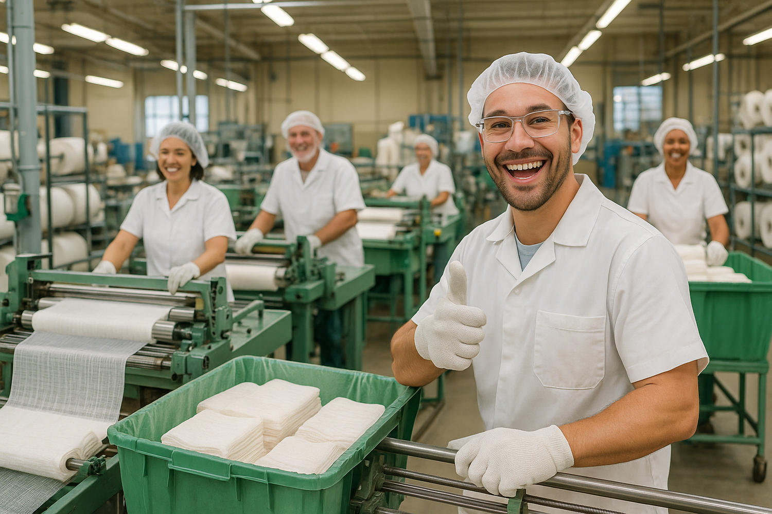 Zeige bitte eine Fabrik mit Glücklichen Mitarbeitern, die dabei sind Mulltücher herzustellen. Ein Mitarbeiter schaut besonders glücklich ins Bild und macht nen Daumen nach Oben